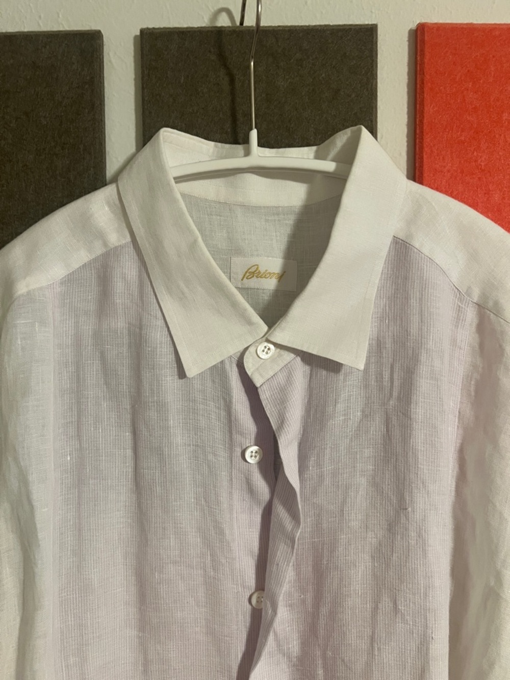 Brioni White Linen Shirt with subtle lavender center contrast
